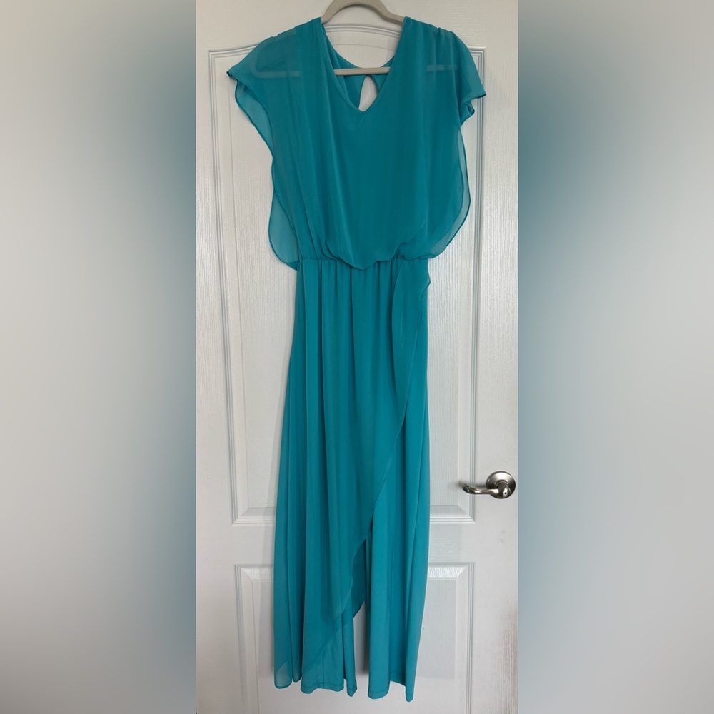 Last Tango Elegant Aqua Blue Jumpsuit with Chiffon overlay